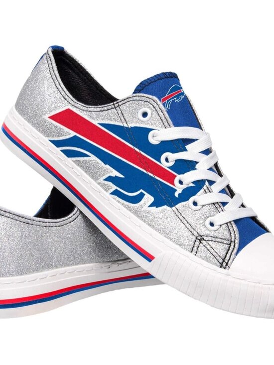Shoes - Women's Silver Blue NFL Bills Logo Ladies Glitter Low Top Canvas Sneaker Shoes